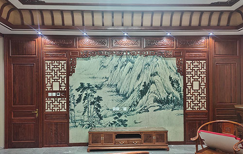 肃南中式仿古别墅客厅背景墙花格木作装饰